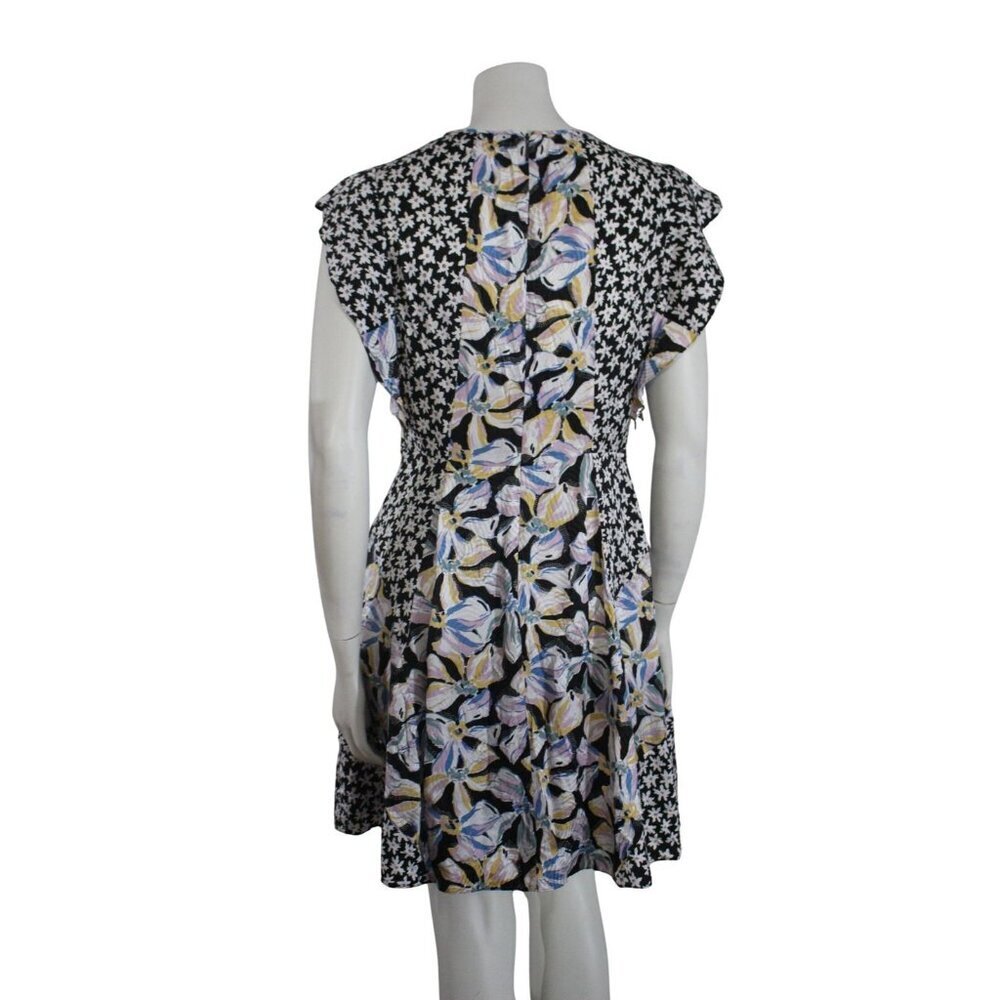 Rebecca Taylor Black Bow Fleur Mixed Print Silk Ruffle Sleeve Dress Size 8 - Picture 4 of 8